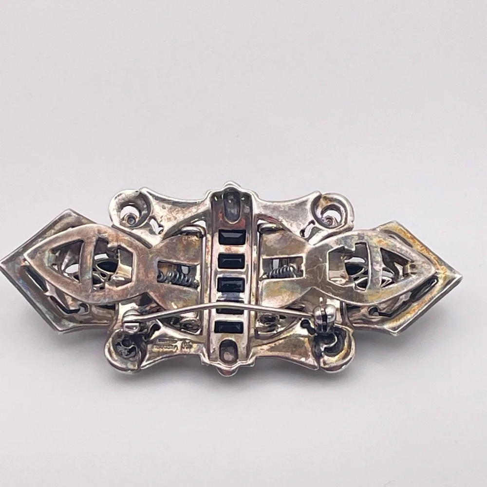 Vintage Art Deco Convertible Sterling Brooch Duette Dress Clip Set Black Crystal